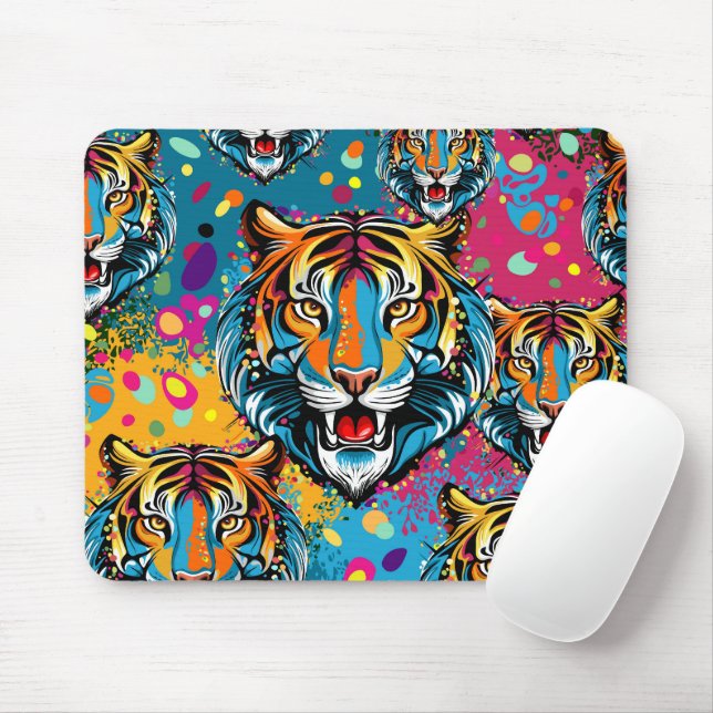 Tapis De Souris Tiger Head Rainbow colors paint stains (Avec souris)