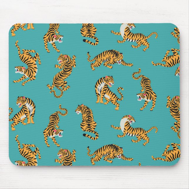 Tapis De Souris Tiger sur Motif Turquoise (Devant)