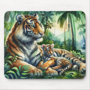Tapis De Souris Tigers dans une jungle luxuriante peinture aquarel