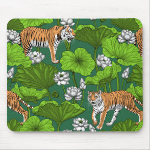Tapis De Souris Tigres dans l'étang blanc de lotus