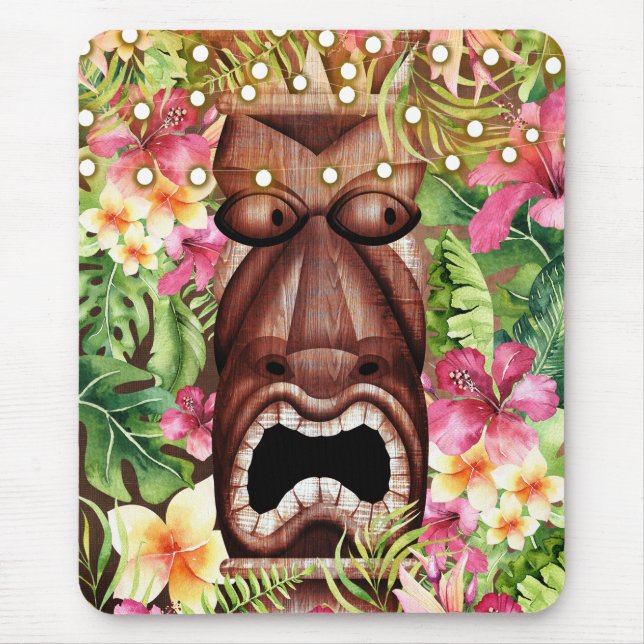 Tapis De Souris Tiki Hawaïen en Bois Fête Florale d'été d'Ile (Devant)