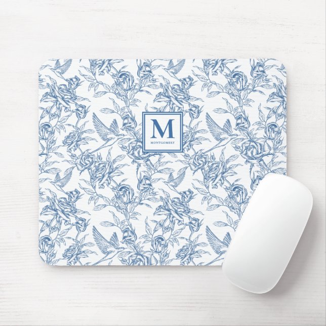 Tapis De Souris Toile de Jouy Bleue Monogramme Nom (Avec souris)