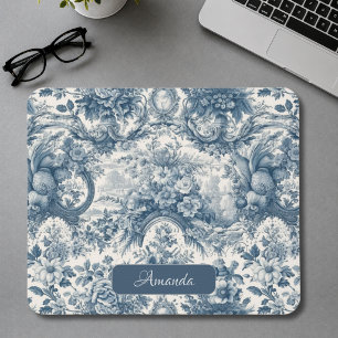 Tapis De Souris Toile de jouy florale vintage bleue monogramme