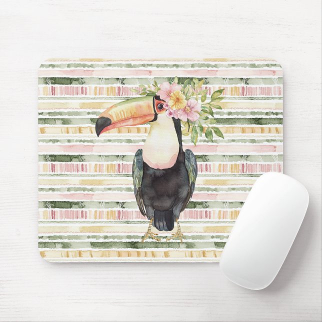 Tapis De Souris Toucan Oiseau Rose Vert Rayures (Avec souris)