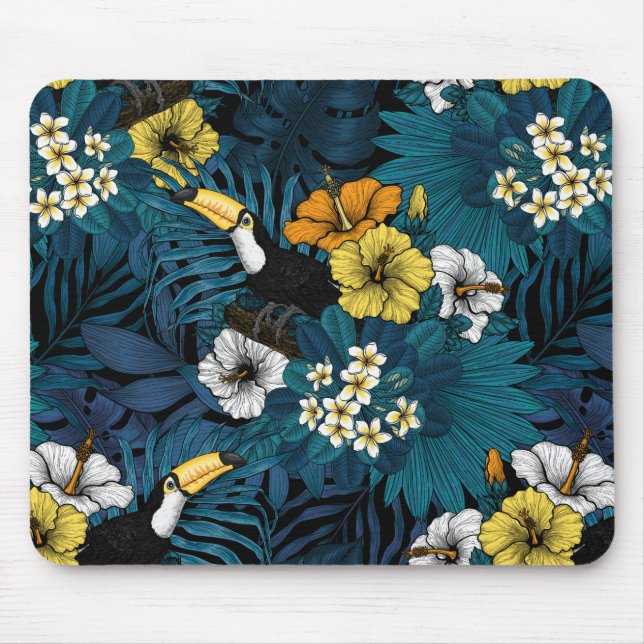 Tapis De Souris Toucans et flore tropicale, bleu, jaune, orange (Devant)