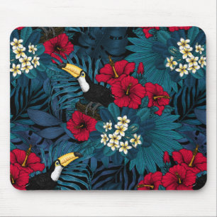 Tapis De Souris Toucans et flore tropicale, verte et rouge