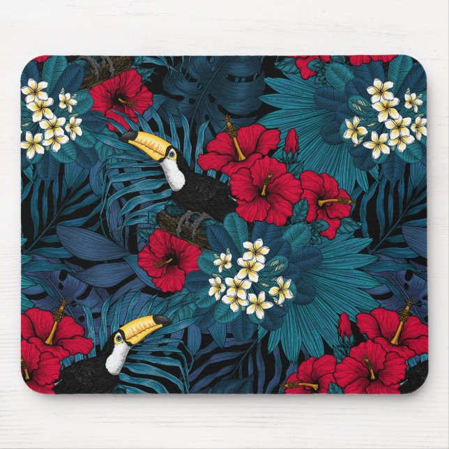 Tapis De Souris Toucans et flore tropicale, verte et rouge (Devant)