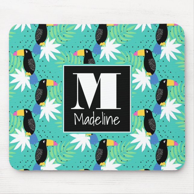 Tapis De Souris Toucans sur le monogramme de Teal | (Devant)