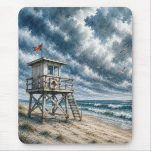 Tapis De Souris Tour de sauvetage à l'aquarelle sur la plage côtiè