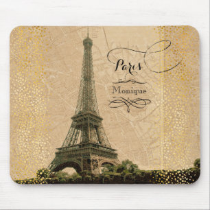 Tapis De Souris Tour Eiffel Paris Carte Vintage Nom du monogramme