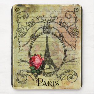 Tapis De Souris Tour Eiffel Paris et Steampunk Rose rouge