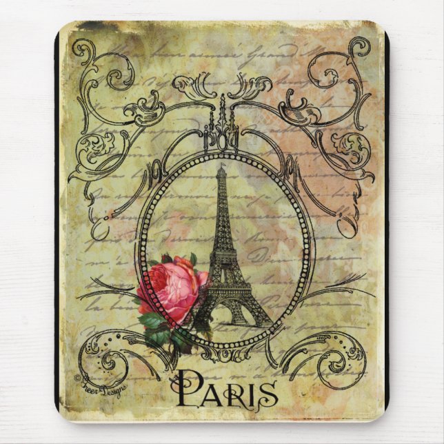 Tapis De Souris Tour Eiffel Paris et Steampunk Rose rouge (Devant)
