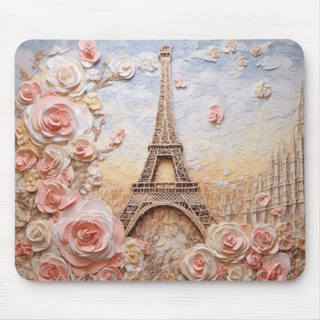 Tapis De Souris Tour Eiffel Paris France Floral rose français (Devant)