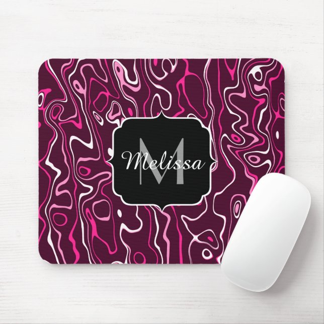 Tapis De Souris Tourbillons abstraits de damas rose chaud Monogram (Avec souris)
