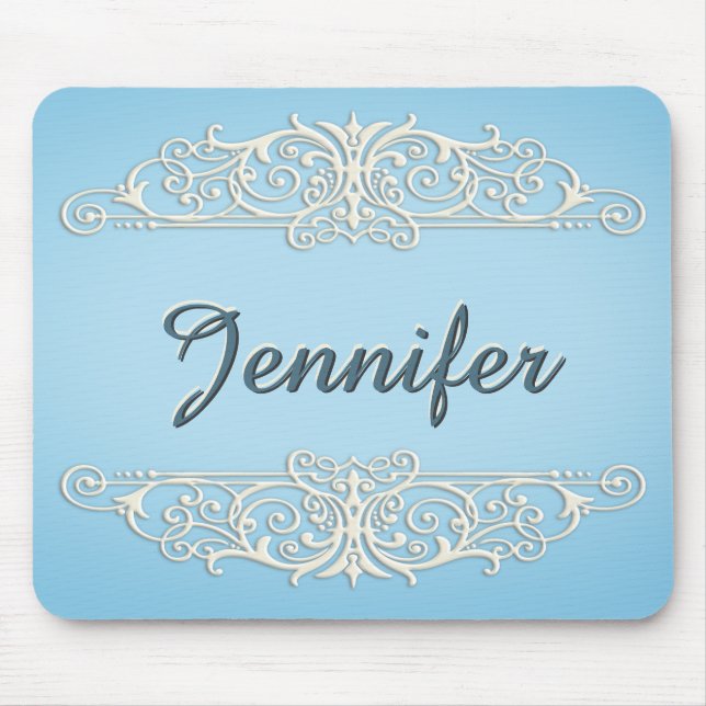 Tapis De Souris Tourbillons victoriens en Crème sur bleu (Devant)