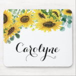 Tapis De Souris Tournesol et Eucalyptus Script personnalisé<br><div class="desc">La mousepad à thème floral champêtre. Il dispose de jardins fleuris aquarellés de tournesols et d'eucalyptus feuilles. Personnalisez en ajoutant un nom ou une courte phrase. Cette mousepad de tournesol est parfait comme un cadeau personnalisé.</div>