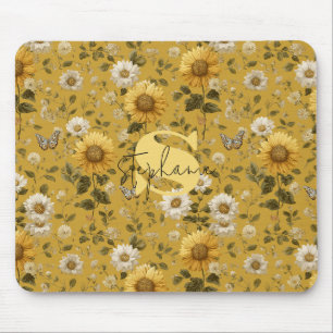 Tapis De Souris Tournesols et papillons sur fond jaune