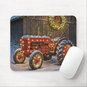 Tapis De Souris Tracteur agricole rouge de Noël avec couronne lumi