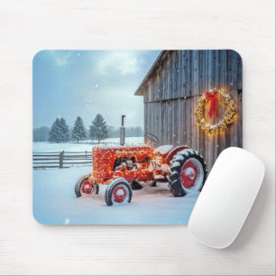 Tapis De Souris Tracteur agricole rouge de Noël dans la neige