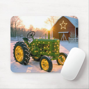 Tapis De Souris Tracteur vert vintage de Noël avec lumière de fête