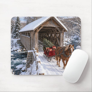 Tapis De Souris Traîneau à cheval de Noël avec pont couvert