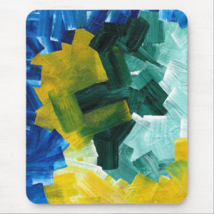 Tapis De Souris Traits de pinceau abstraits bleus, verts et jaunes