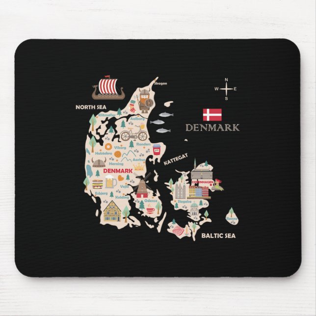 Tapis De Souris Travel Europe Danemark Carte Copenhagen Danish Fam (Devant)