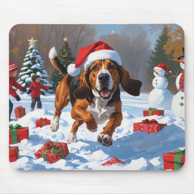 Tapis De Souris Trek Walker Coonhound Neige avec Casquette de Noël (Devant)