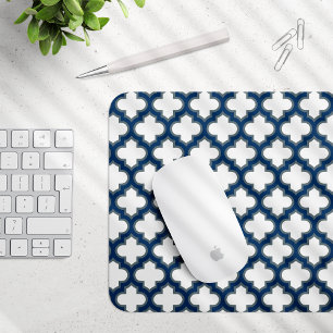 Tapis De Souris Trellis bleu blanc et marine, treillis, Quatrefoil