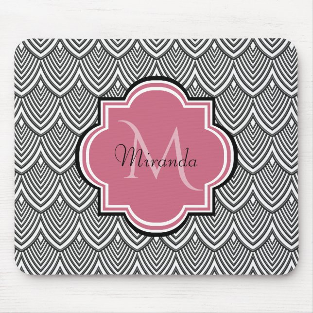 Tapis De Souris Trendy Black Arched Scallops Pink Monogramme Nom (Devant)
