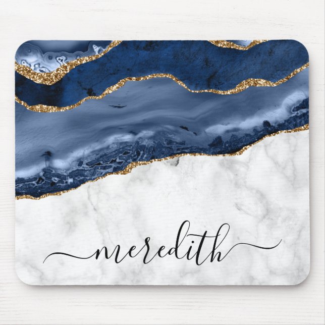Tapis De Souris Trendy Marble Navy Blue Gold Agate Monogram Mouse  (Devant)