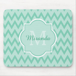 Tapis De Souris Trendy Mint Green Chevron Zigzag Nom et Monogramme