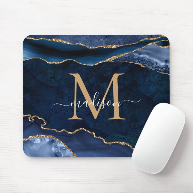 Tapis De Souris Trendy Navy Blue Gold Sparkle Agate Geode Monogram (Avec souris)