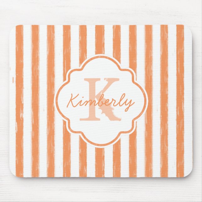 Tapis De Souris Trendy Orange Peint Stripes Monogramme et nom (Devant)