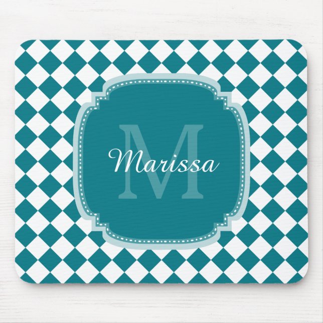 Tapis De Souris Trendy Teal and White Checked Monogrammed Name (Devant)