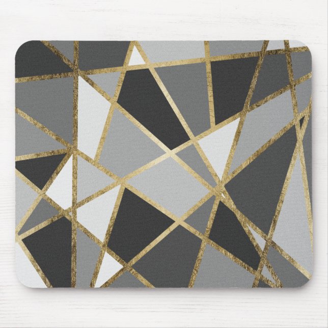 Tapis De Souris Triangles modernes noires et grises d'or de Geo (Devant)