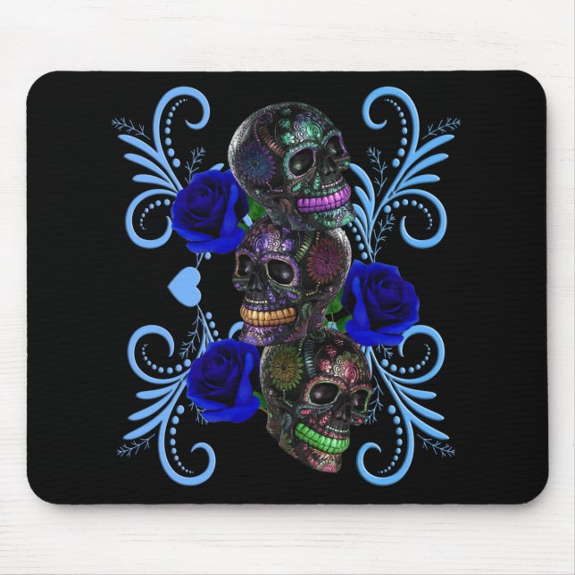 Tapis De Souris Triple Jour Noir Des Crânes Morts Roses Bleus (Devant)