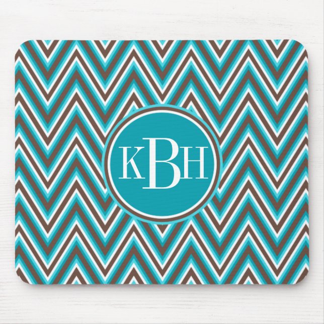 Tapis De Souris Triple Monogramme Turquoise Bleu Brown Chevron (Devant)