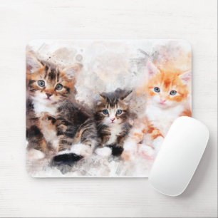 Tapis De Souris Trois belles chatons mignonnes aquarelle