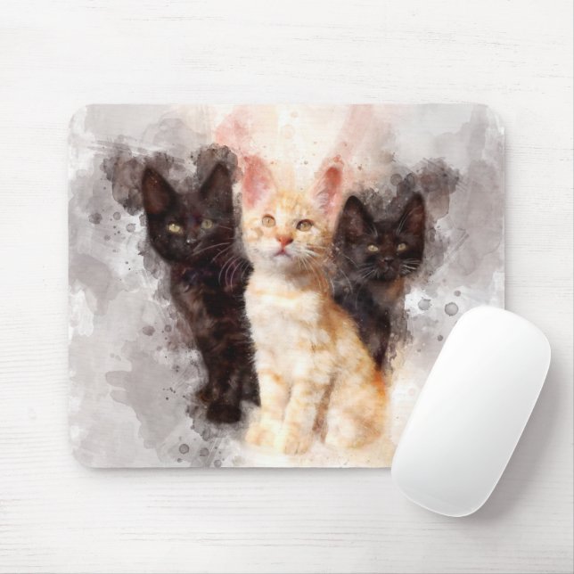 Tapis De Souris Trois chatons mignonnes et belle aquarelle (Avec souris)
