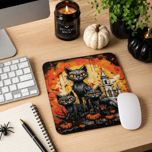 Tapis De Souris Trois Chats Noirs Maison Hantée Halloween