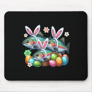 Tapis De Souris Trois lapins de Pâques Truites Poissons Chasse œuf
