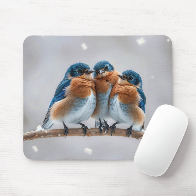 Tapis De Souris Trois oiseaux bleus sur une branche neigeuse (Avec souris)