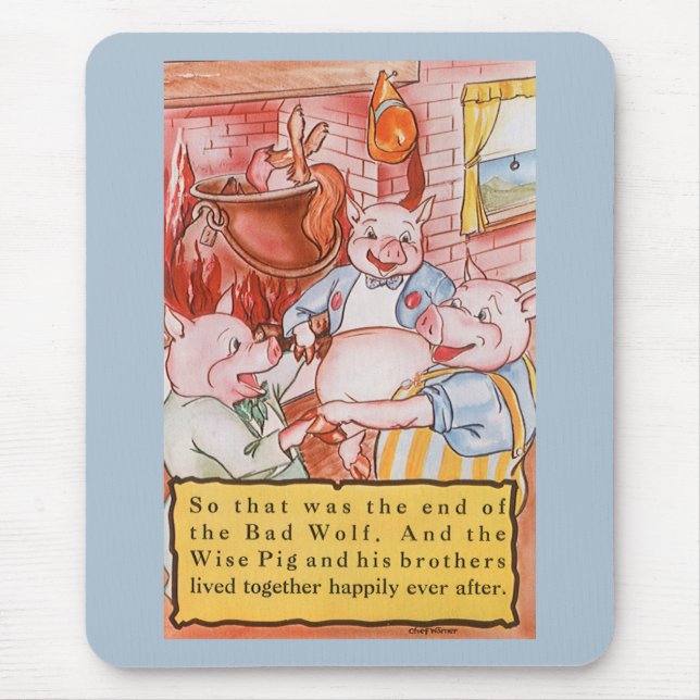 Tapis De Souris Trois Petits Cochons Cuisinant Loup, Conte de Fées (Devant)