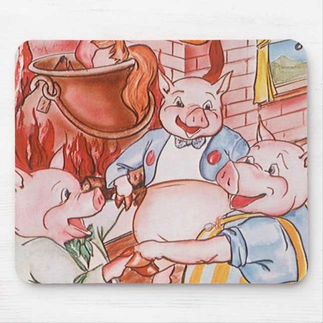 Tapis De Souris Trois Petits Cochons Cuisinant Loup, Conte de Fées (Devant)