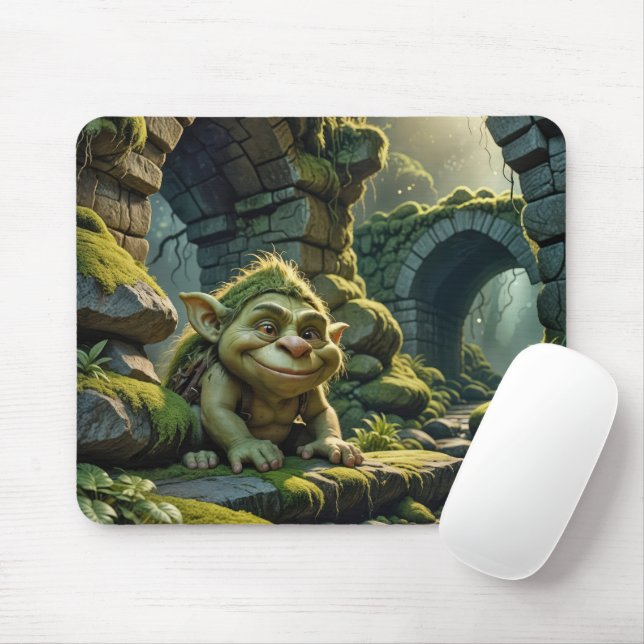 Tapis De Souris Troll vert sous un pont de pierre (Avec souris)