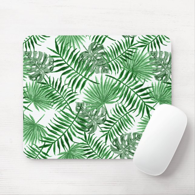Tapis De Souris Tropical Green Palm Feuille Motif d'été sur blanc (Avec souris)
