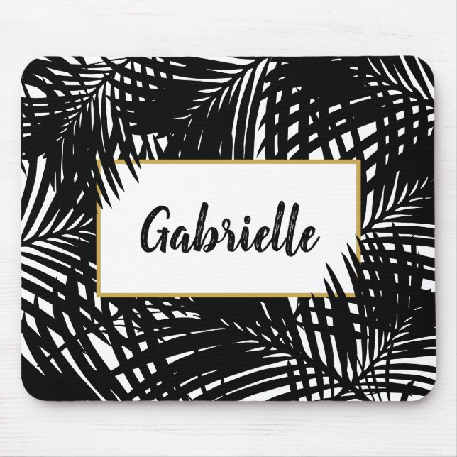 Tapis De Souris Tropical Leaves Modern Black and White (Devant)