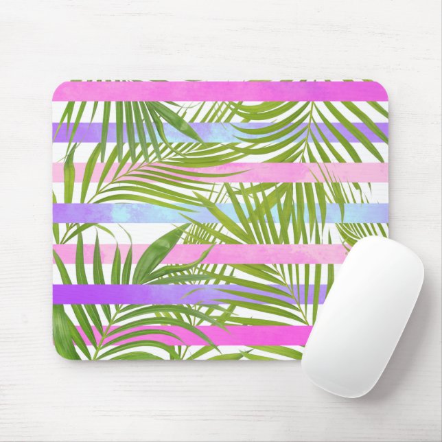 Tapis De Souris Tropical palm trees modern pink violet stripes (Avec souris)