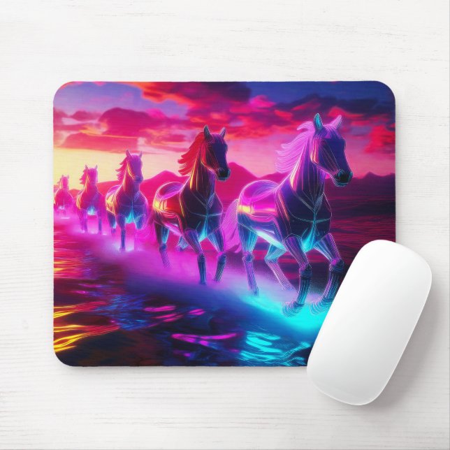Tapis De Souris Troupeau électrique - Chevaux Synthwave (Avec souris)